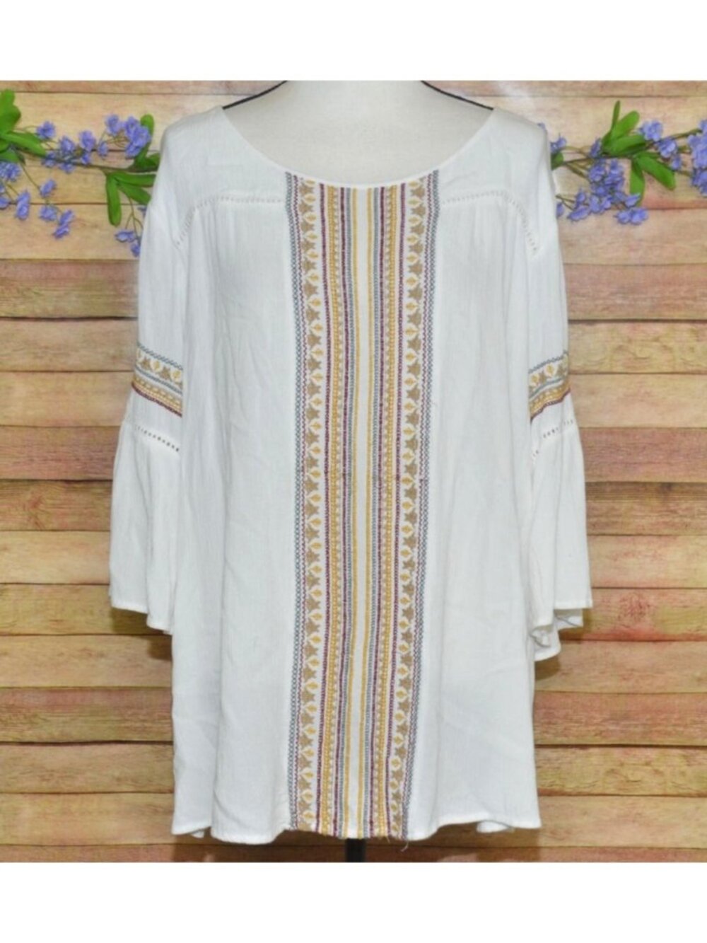 Catherines Womens Petite Gauzy Embroidered Blouse Size 1XWP 3/4 Bell Sleeve Boho